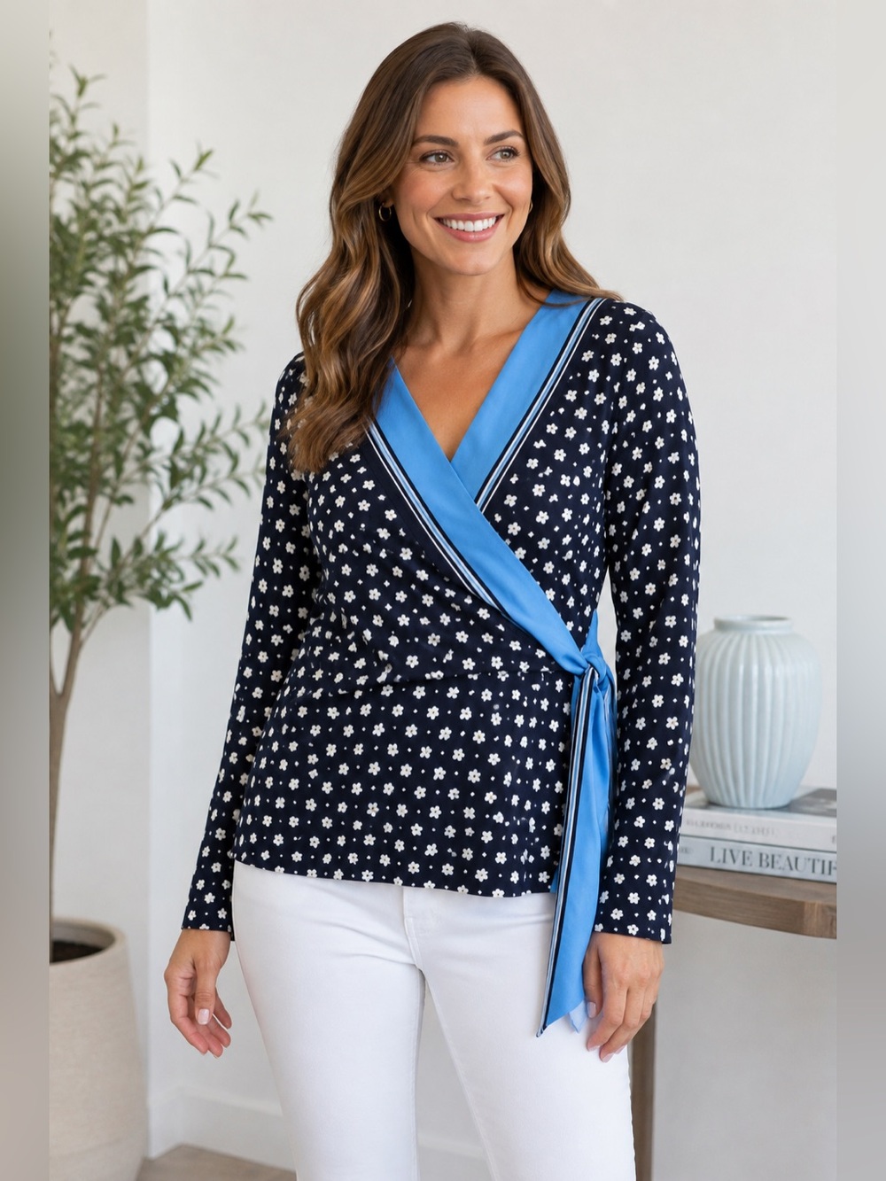 NEW 1901 Faux Wrap Mixed Print Daisies Blouse Medium Workwear Minimalist Casual